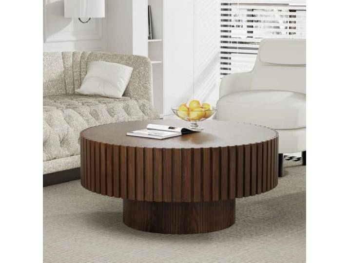 YYZIWYUN Moderner Runder Couchtisch Aus Holz, Trommelförmig Geriffelte Couchtische, Handgefertigter Runder Couchtisch Aus Furniertem Holz Für Wohnzimmer, Wohnung, Landhaus,Brown Round