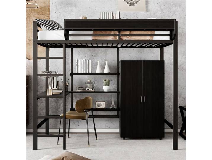 Lit superposé noir 90x200cm avec bureau et armoire nombreux rangements structure fer+panneaux pour ado ou chambre partagée