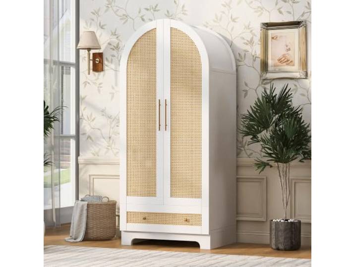 Merax Kleiderschrank 70x55x170 cm mit Doppeltüren, Schubladen & Kunstrattan-Türen – Weiß