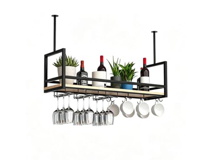 Einstöckiges Decken-Weinregal für die Küche, das Restaurant, die Bar Industrielles schwimmendes Weinflaschenregal mit Leitplanke und Stielglashalter(Black,L80xW30cm)