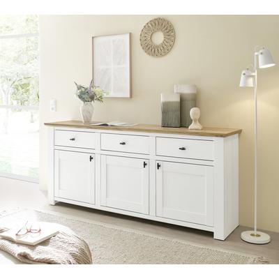 Sideboard HOME AFFAIRE "Bristol", pinie dekor, eiche wotan dekor, B:198cm H:88cm T:45cm, Sideboards, Sideboard, schwarze Metallgriffe, elegante Kranzoptik, ausreichend Stauraum