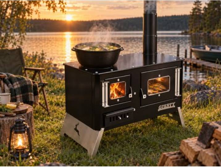 Giesty® Outdoor-Küchenofen mit Backofen & Kochplatte – Camping & Garten Klappbare Edelstahlfüße, 630/340-mm-Kochzone, Rauchrohr Ø80 mm
