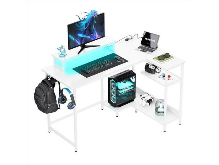 Bureau d'angle - DEVAISE - Éclairage RGB 31 modes - Rehausseur écran & support CPU - Prises et ports USB
