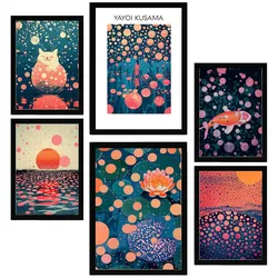 POSTER Set Mit 6 Yayoi Kusama Sonnenuntergang Wasser Janapise A3 & A4 Schwarzer Rahmen