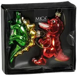 Mica Decorations 2er Set Christbaumschmuck Glas 11cm Glitzer Dinosaurier Weihnachtsbaum Anhänger Weihnachten Weihnachtsbaumschmuck Rot