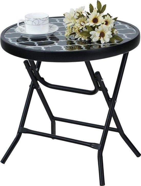 Famanu Opklapbare ronde glazen tuintafel met metalen frame