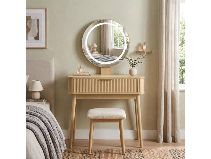 Coiffeuse avec Miroir LED - 80x40x133cm - Table de Maquillage Cannelée avec Grand Tiroir Pieds Bois Massif - Chêne Naturel
