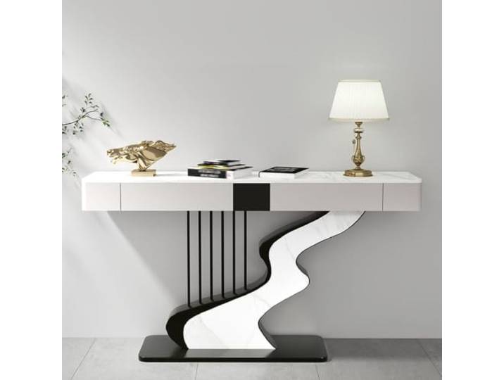 Moderner Konsolentisch mit 2 Schubladen, Sinterstein Flurtisch mit Stauraum Schmaler Sofatisch und Stilvoller Beistelltisch für Wohnzimmer mit Künstlerischem Gestell(Black 4,L120cm/47.2in)
