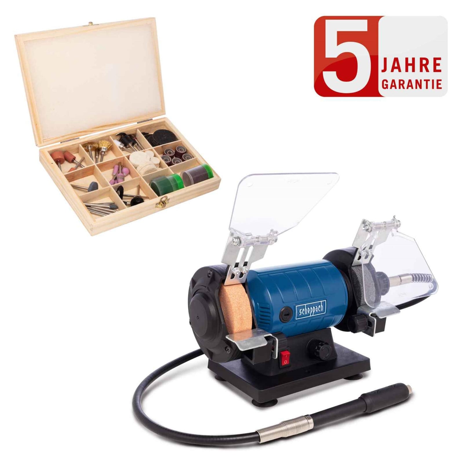 Scheppach HG35 schuurmachine met flexibele as en 103-delige accessoire set
