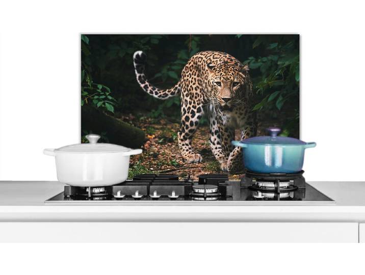 KitchenYeah - Spatscherm keuken - Spatscherm - Luipaard - Bos - Bladeren - Dieren - Keuken decoratie - Keuken achterwand - Muurbeschermer - 60x40 cm - Spatwand - Spatscherm gasfornuis