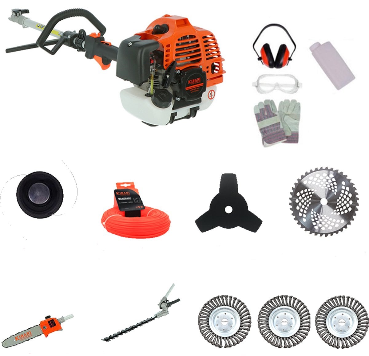 Kibani 6-in-1 Benzine Multitool met 52 cc 1.9 PK 2-takt motor inclusief heggenschaar, kettingzaag, grastrimmer, onkruidborstels en bosmaaier