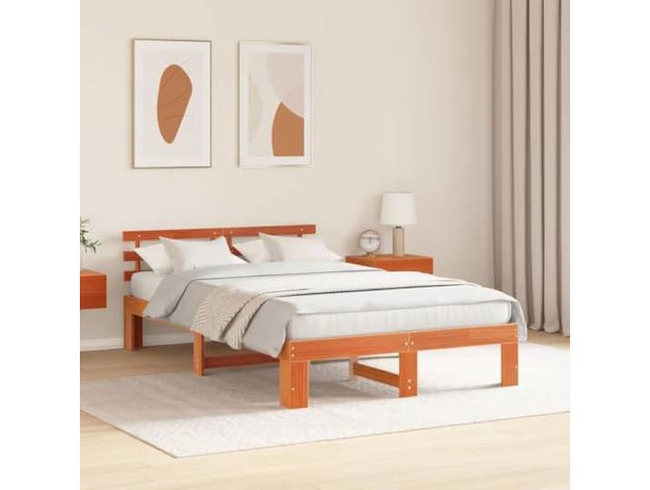KTHLBRH Bettgestell Kiefer massiv braun gewachst 135 x 190 cm Minimalistisches Design, stabil und sicher, geeignet für moderne Zimmer