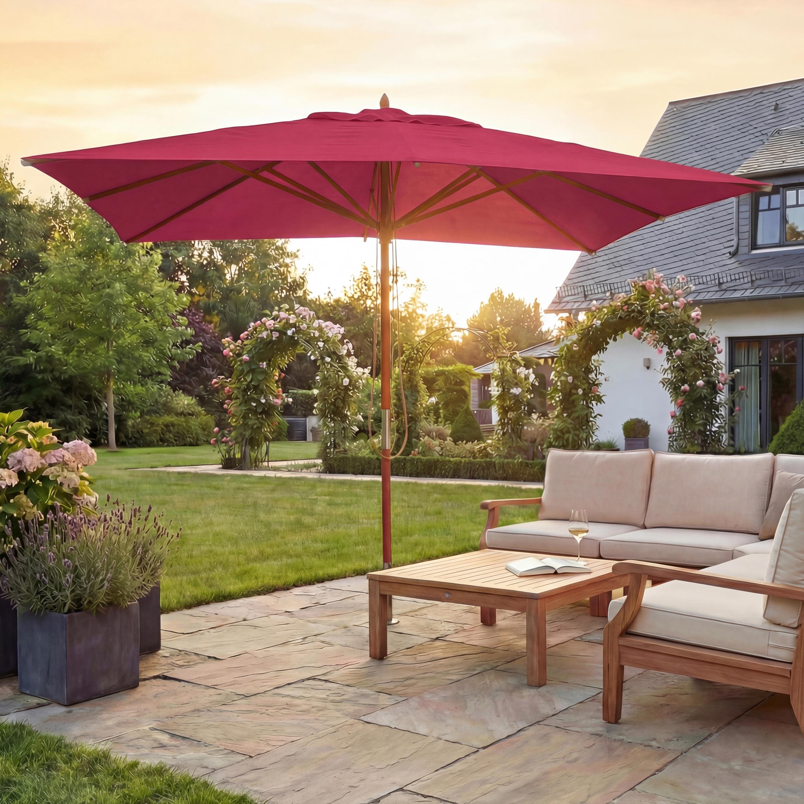 Gastronomie Holz-Sonnenschirm MCW-C57, Gartenschirm, Polyester/Holz 14kg, eckig 3x3m Seilzug stoßsicher bordeaux