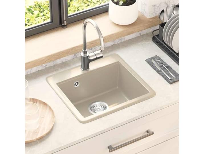 Küchenspüle 470 x 440 mm Beige Quarz 80% Harz 20% Sopratop Einzelwanne, Granit-Verbundwerkstoff, kratz- und schmutzabweisend, Hitze 280 °C, Ablaufgarnitur mit Korbventil