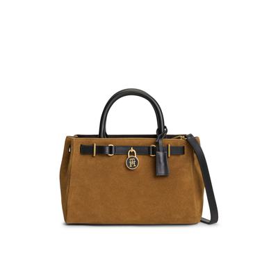Handtasche TOMMY HILFIGER "AMERICAN ICON MINI TOTE SUEDE LE", Damen, Gr. B/H/T: 28cm x 18cm x 14cm, braun (cognac), Nappaleder, Veloursleder, Taschen Handtasche, Damen Schultertasche, Umhängetasche mit TH-Schloss-Schmuckanhgänger