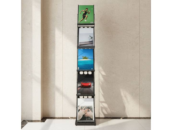 Porte-brochures A4 noir à 5 niveaux en métal, robuste, imperméable, facile à nettoyer, présentoir pliable sur pied pour brochures et magazines