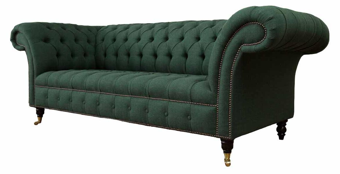 Chesterfield driezitsbank van textiel in het groen