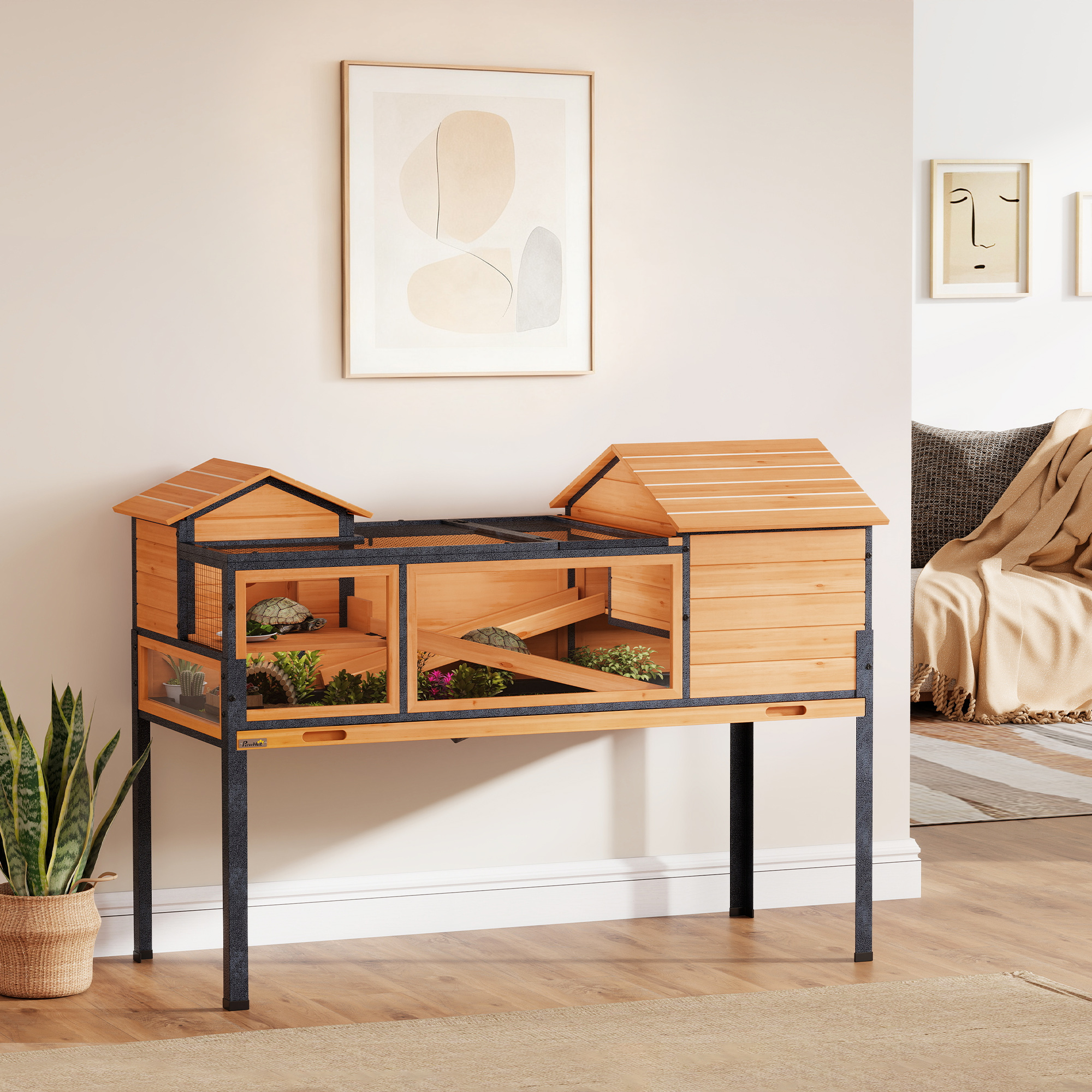 Pawhut Casa per tartarughe su 2 piani, con finestre, rampe, accessori, in legno e acciaio, Giallo   Aosom Italy