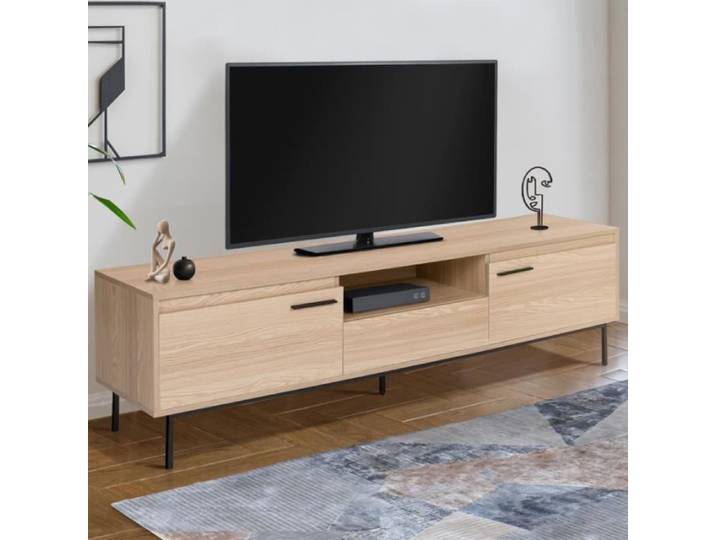 ID MARKET meuble tv SEATTLE 2 portes 180 cm bois clair à poser avec rangement