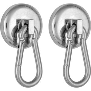 Poppstar Hakenmagnet 1010701, Neodym, Magnet-Karabiner, Ø 36mm, drehbar, Haftkraft 35kg, silber, 2 Stück