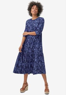 Plus Size Women's 100% Cotton Tiered Below-Elbow Sleeve Midi Dress by ellos in Blue Violet Print (Size 18/20)