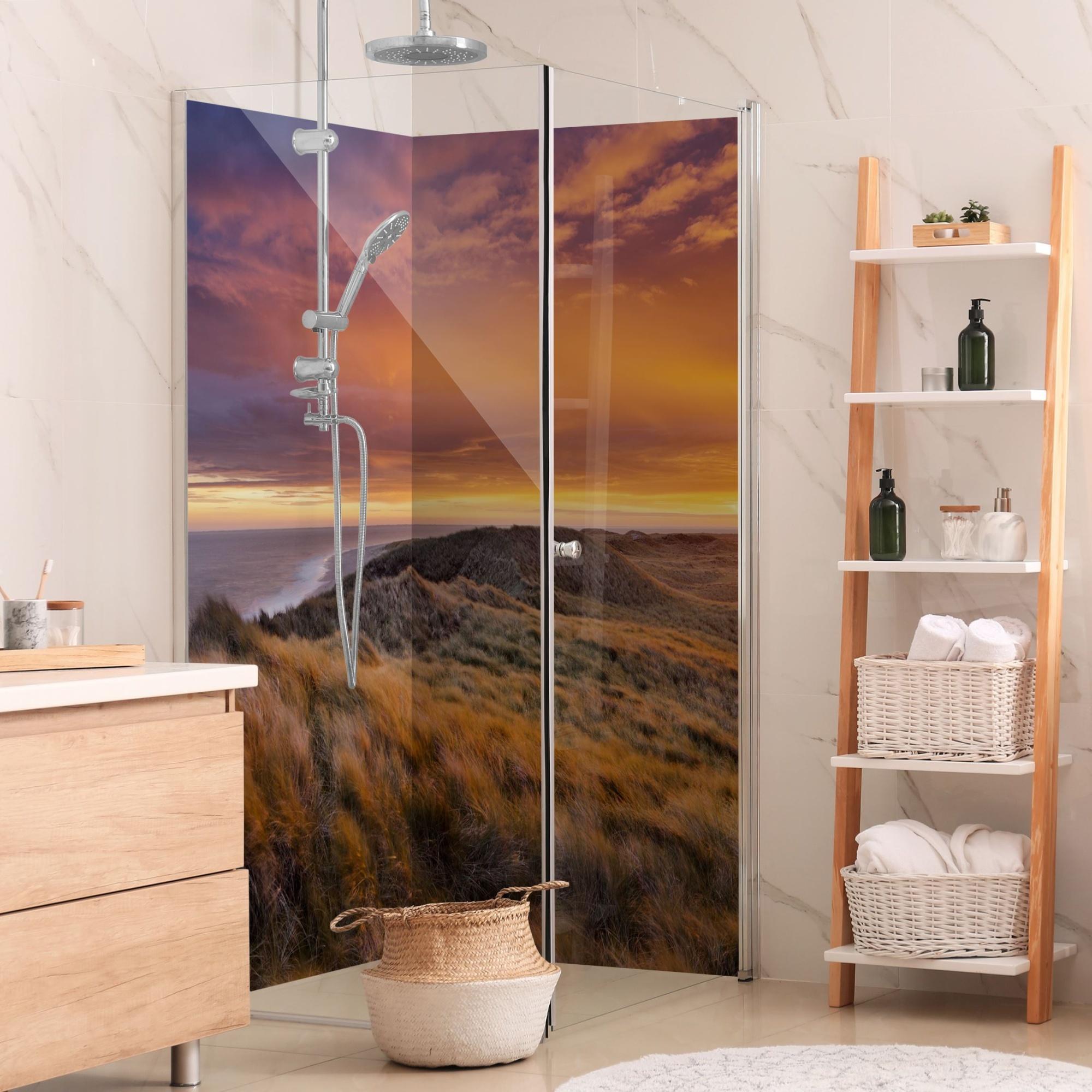 Duschrückwand Strand selbstklebend - 0.61 mm Wandpaneel wasserfest Sonnenuntergang orange Motiv Badrückwand fugenlos Premium matt 90x200 cm