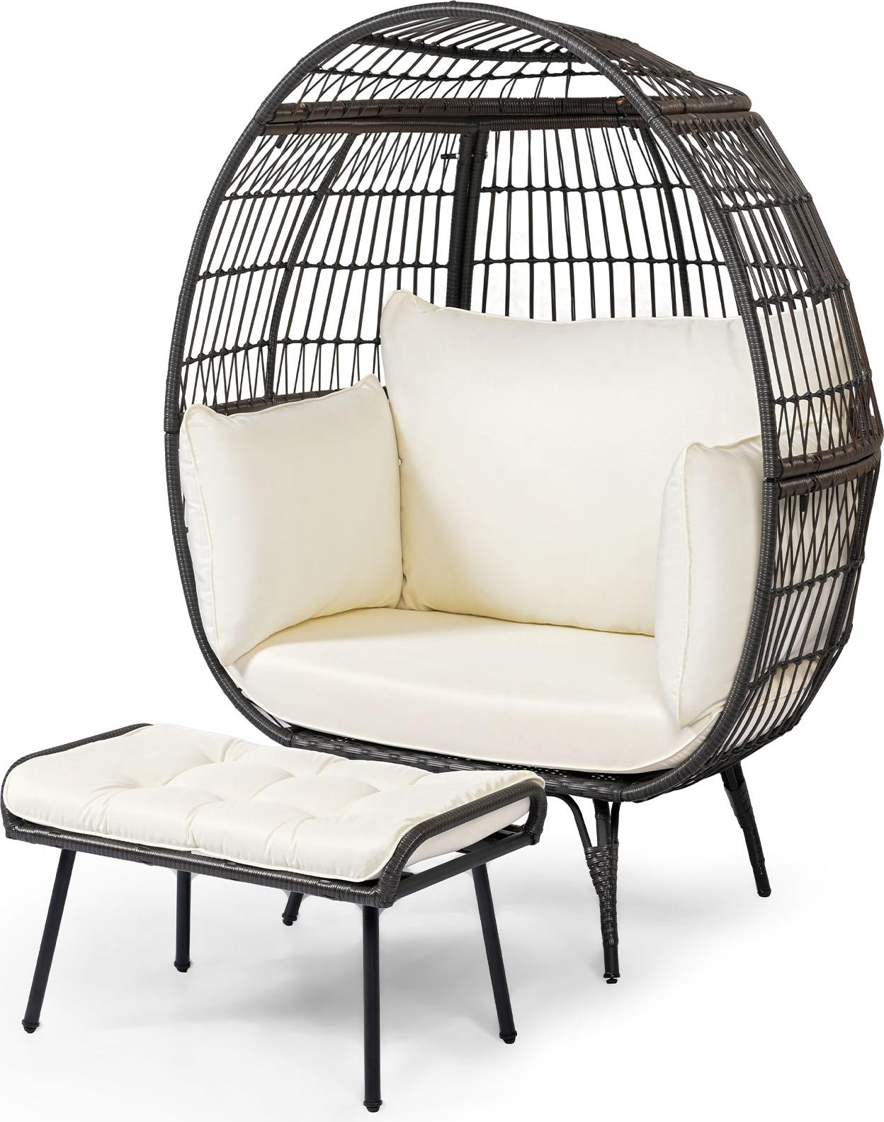 COSTWAY Korbsessel Polyrattan mit Hocker, übergroßer Gartensessel mit Kissen und Metallgestell, Rattansessel, Loungesessel für Balkon Garten Terrasse