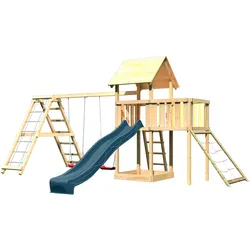Akubi Kinderspielturm Lotti mit Satteldach inkl. Wellenrutsche anthrazit, Doppelschaukelanbau, Klettergerüst, Anbauplattform und Netzrampe
