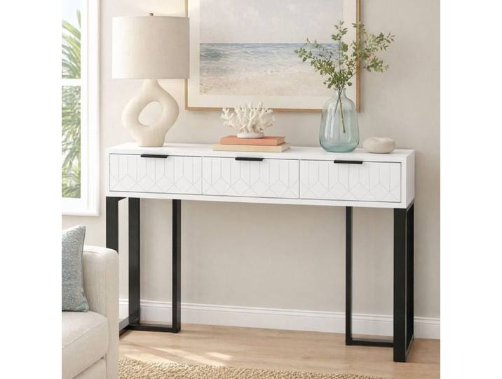 Table console 3 tiroirs avec patins réglables - LPOSPI - motif géométrique piètement métal MDF blanc et noir