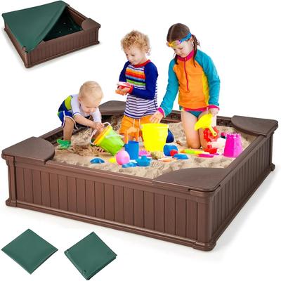"12.5"" Kids Sandbox with Cover Large HDPE Pit w/ 4 Corner Seats"