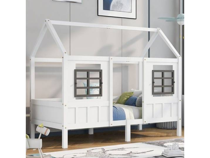 Lit cabane enfant simple bois pin MDF blanc avec 2 fenêtres 200x90cm