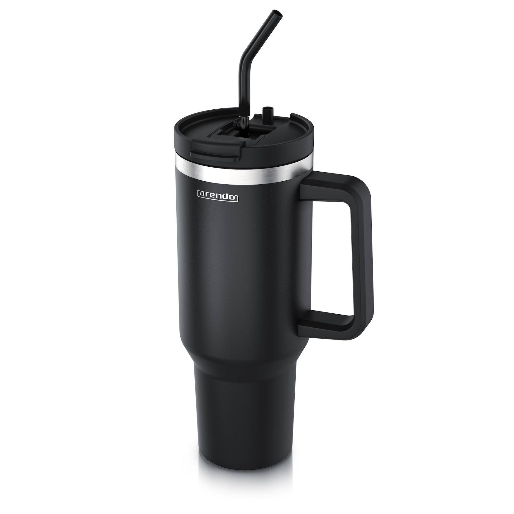 Arendo Thermobecher 1200 ml, Edelstahl Tumbler mit Deckel, Henkel, Strohhalm, doppelwandig, vakuumdicht, auslaufsicher