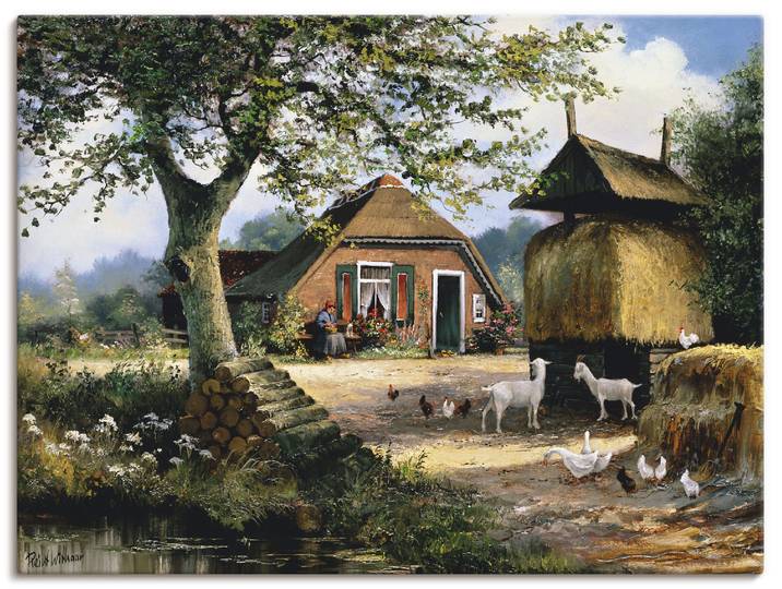 Wandbild ARTLAND Idyllische Farm mit Hühnern und Ziegen , grün (farbe bild(er): grün), B:80cm H:60cm, Bilder, Wandbild, als Leinwandbild, Poster in verschied. Grössen