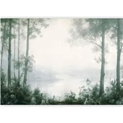 Artgeist, Tapete, Fototapete - Retro Landscape - Grove Trees and Pond in Patinated Shades of Green