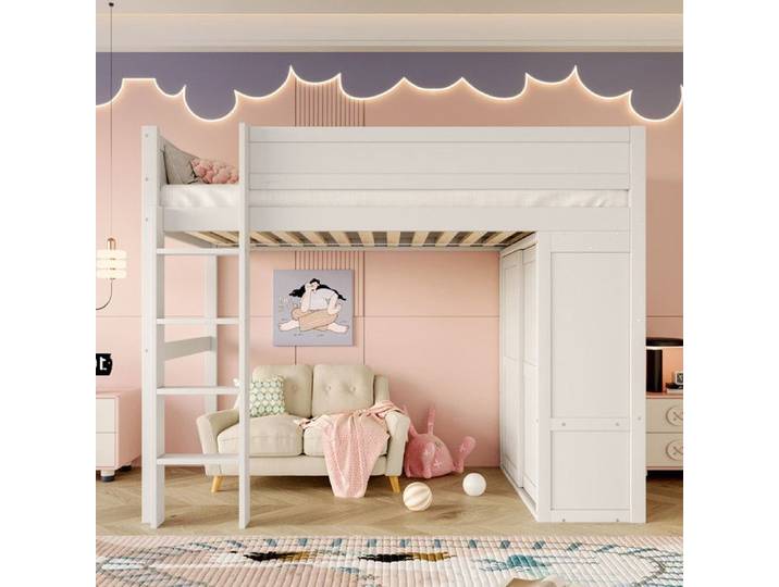Lit mezzanine 90x200cm - avec penderie + rangements - espace ouvert sous le lit - blanc (sans matelas)