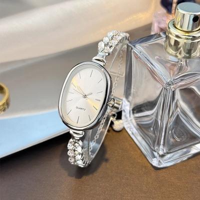Uplift Essentials Oval Leaf Diamond Bracelet Watch Super Convenient Pull Cord Quartz Timepiece With Nature Inspired Accents silver