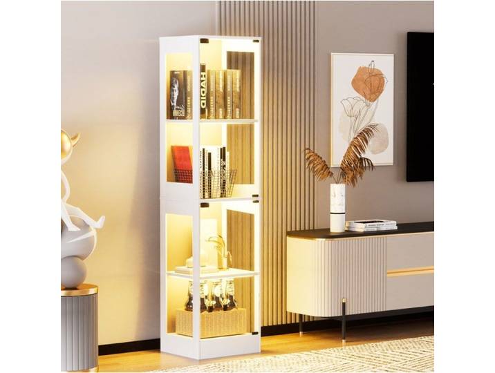 Vitrine En Verre 4 Niveaux Blanche Vitrine Design FloraGrace Pour Salon Chambre LED Avec Capteur 40x35x165cm