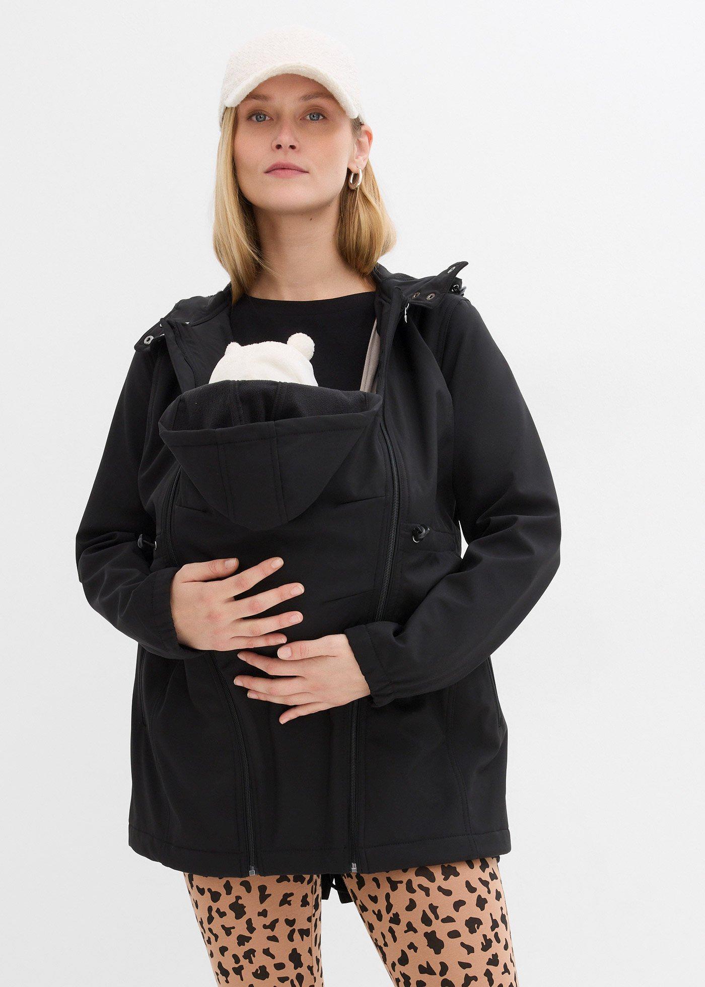 bonprix Softshell-Tragejacke / Umstandsjacke weitenregulierbar, schwarz, Gr.46, Praktische Jacke mit Baby-Einsatz, aus Softshell