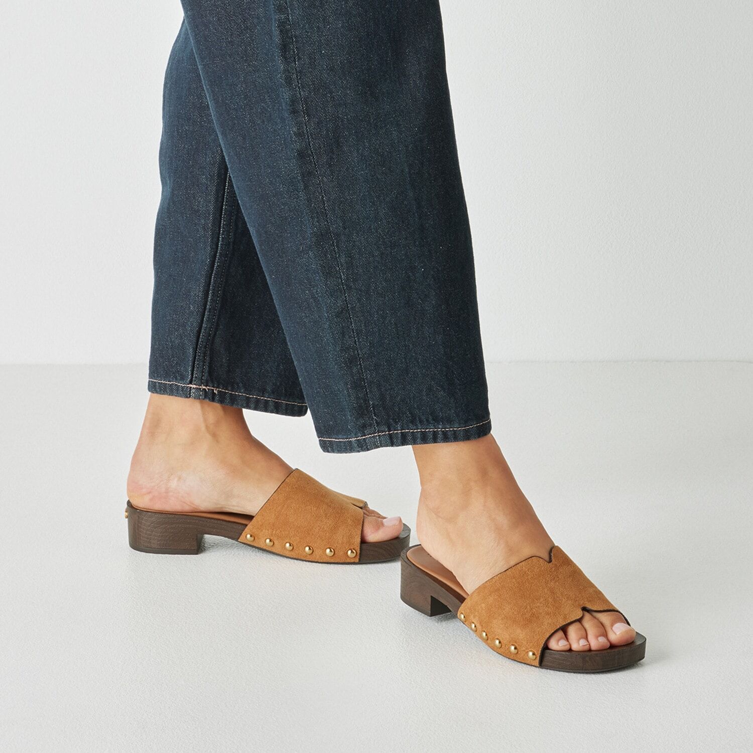 Pantolette TAMARIS, Damen, Gr. 41, Textil, cognac, unifarben, Schuhe Pantolette, Blockabsatz, Sommerschuh, Schlüpfschuh mit aufgesetzten Nieten