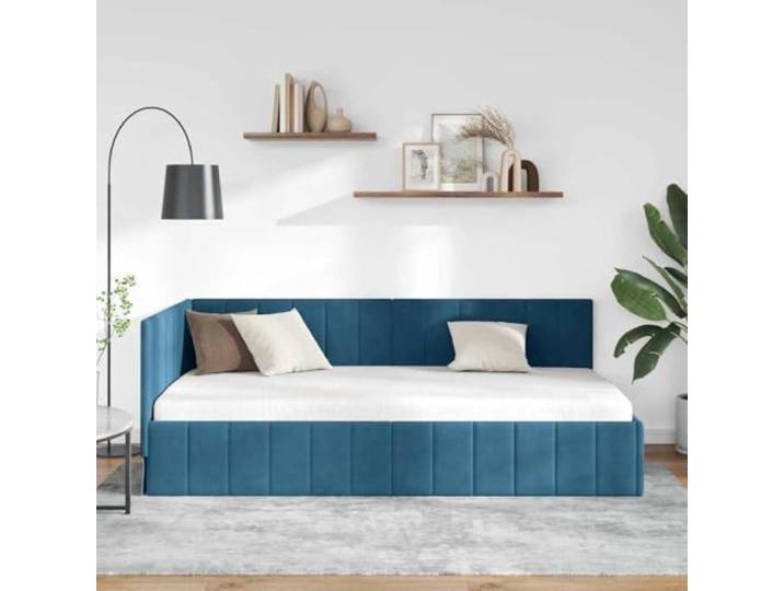 KTHLBRH Eckbett Blau 90 x 190 cm Samt Sperrholz, technisches Holz, platzsparendes Design, wendbares Kopfteil, Verwendung im Innenbereich