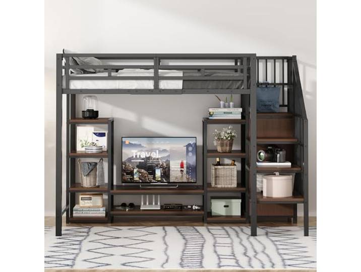 Merax Hochbett 90x200 cm mit TV-Ständer, Steckdose, platzsparendes Etagenbett mit Stauraum, multifunktionales Kinderbett für Jugendzimmer & kleine Räume, Schwarz (ohne Matratze)