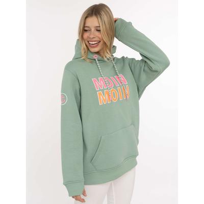 Hoodie ZWILLINGSHERZ "Moin Moin", Damen, Gr. S, grün (hellgrün), Sweatware, Obermaterial: 50% Baumwolle, 50% Polyester, Sweatshirts Hoodie, auffälliges Front Logo, Anker am Arm, Kapuze mit Kordel, Kängurutasche