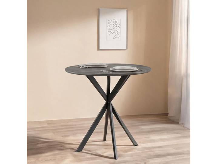Table de Repas Ronde pour Deux Personnes Plateau Aspect Bois et Structure Croisée en Acier 80 cm