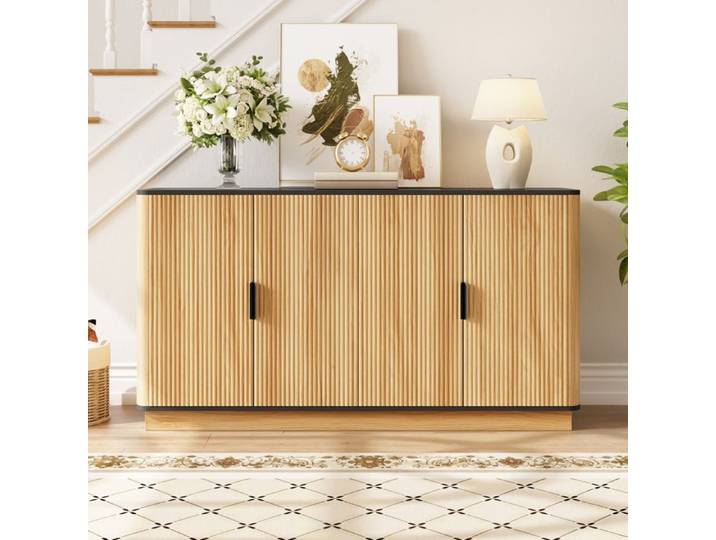 Buffet haut - URBANLUXE - 139x40x75 cm - 4 portes - Aspect bois - Style scandinave-moderne