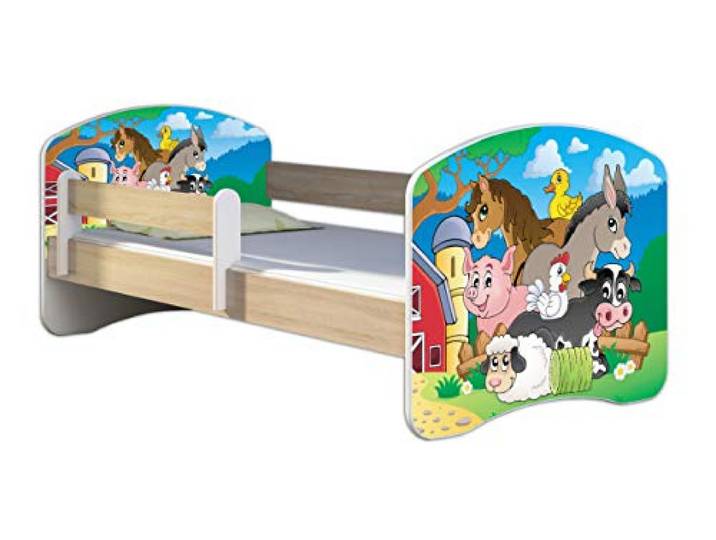 ACMA Kinderbett 160x80 Jugendbett mit Matratze, Farbe Sonoma mit Rausfallschutz Lattenrost II Spielbett Kinderzimmer Möbel, 34 Farm