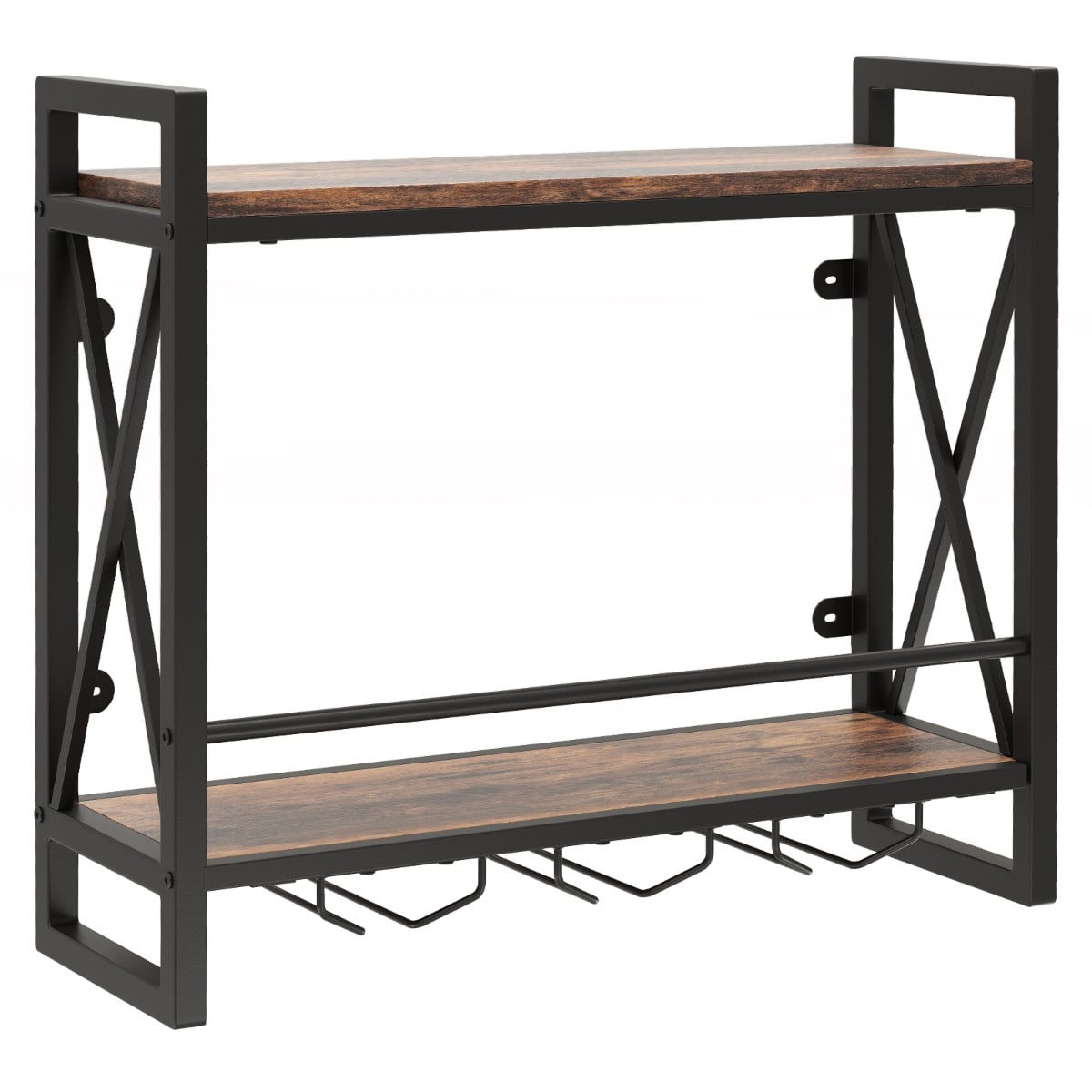 Costway Industrieel Wandgemonteerd Wijnrek met 2 Legplanken en 3 Glashouders