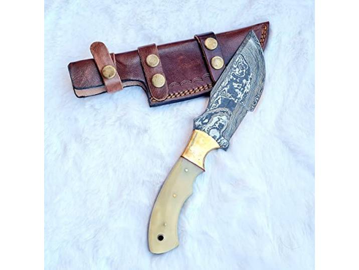 CRAFTOMATIK Damast Stahl Messer Original Robuste Damaststahlklinge Griff aus Kamelknochen, vergoldetem Stahl und Messing Handmade Outdoor Sammlermesser DHK08