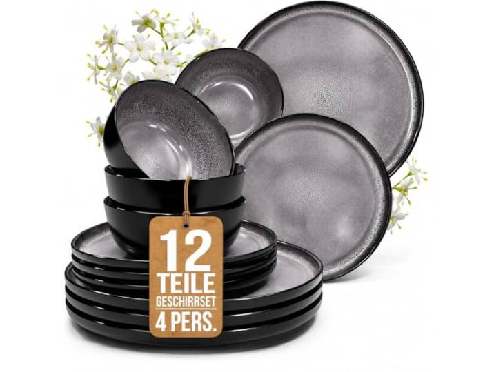 Steingut Geschirrset 4 Personen Ibiza 12 tlg., Traumhaftes Mediterranes Steingut Geschirr Set, Schüssel- und Teller Set, Tafelservice 4 Personen, Geschirrsets Pure Living in Grau