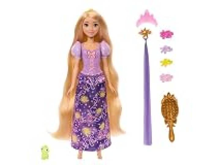 Mattel Disney Princess Poupée Raiponce avec Cheveux Lumineux Poupée articulée avec 5 façons de briller, cheveux et diadème lumineux, figure Pascal, 7 accessoires, JHL46