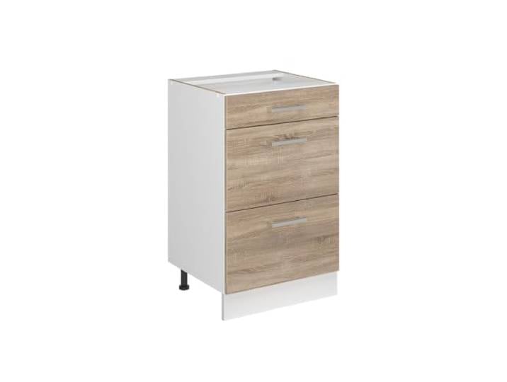Vicco Küchenunterschrank R-Line , Sonoma/Weiß 50 cm 3 Schubladen · Ohne Arbeitsplatte · Höhenverst. Füße · Leichter Zugriff · Frei kombinierbar